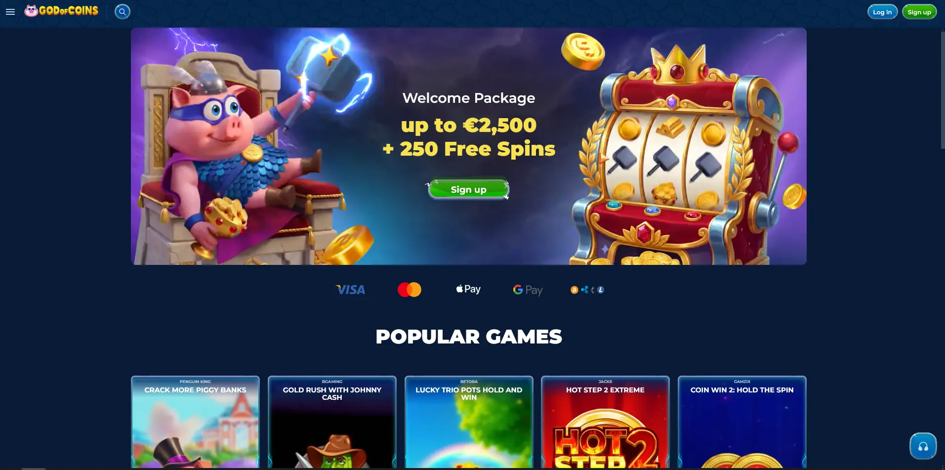 God of Coins Casino homepage showing the welcome package offer and popular pokies